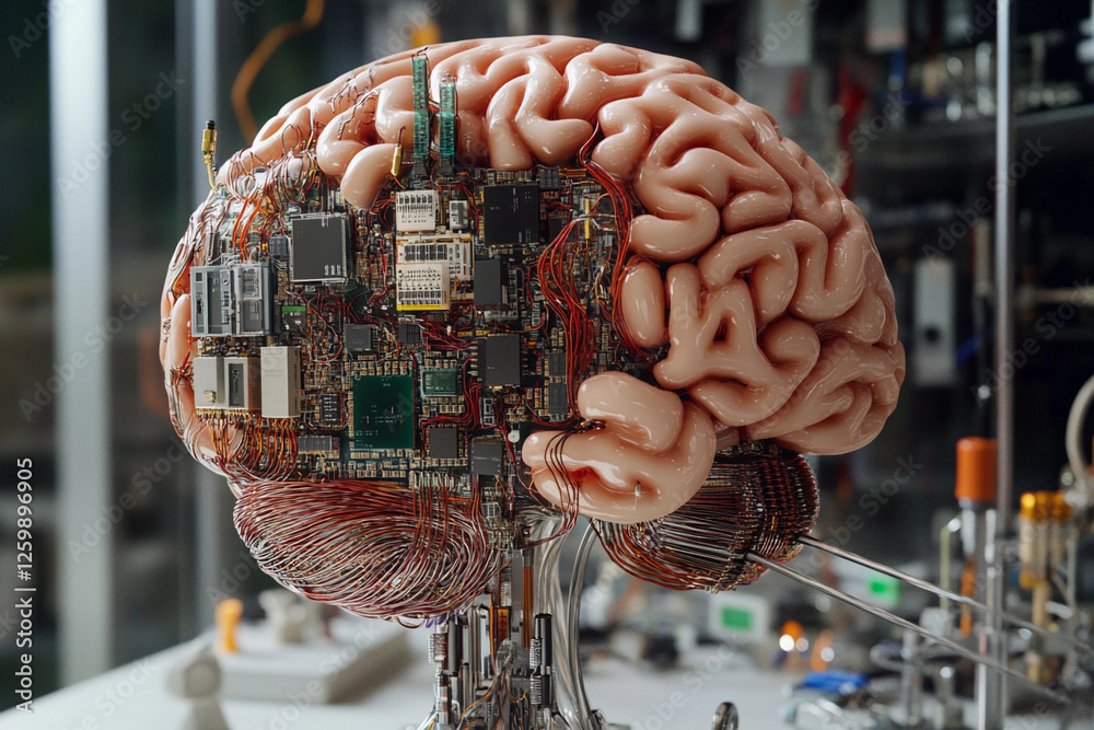 Fototapete futuristic brain design featuring circuit board elements merging technology with organic structure