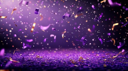 Pink glitter background, purple particles falling in the air, purple and black color gradient, dark violet background, shiny, glowing lights, glittery background, ultra-realistic, hyper detailed.