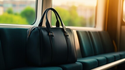 Elegant black leather bag resting on a train seat with blurred background. Travel and business lifestyle. Lost luggage concept.