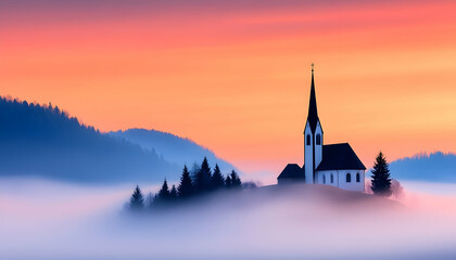 Obraz premium Church on hilltop shrouded in mist at sunset. Serene scene for travel
