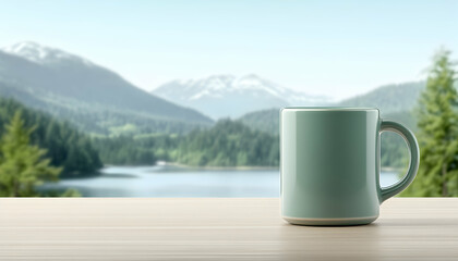 Coffee mug on a table with a blurry lake and mountain view for an idyllic moment