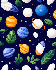 Cosmic Seamless Pattern Cartoon Planets, Leaves on Dark Blue. Wallpaper, Textile