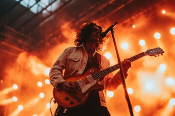 Obraz premium Man sings and plays guitar in a stage performance with bright lights background
