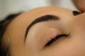 Eyebrow Threading. Woman Getting Eyebrow Shape Correction with Thread