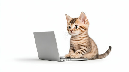 Cute kitten uses laptop on white background. For animal adoption, web design