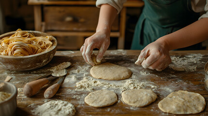 Fototapeta premium person shaping dough on wooden table surrounded by pasta and flour