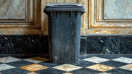 A black trash bin positioned against an ornate marble wall in an elegant indoor setting