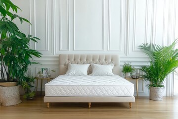 White Wooden Bed with Headboard and Footboard, Featuring Soft Fabric Mattress in Modern Bedroom Interior