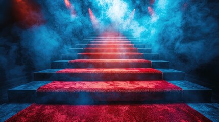A dramatic staircase with red carpet leading upwards, surrounded by colorful fog and lights