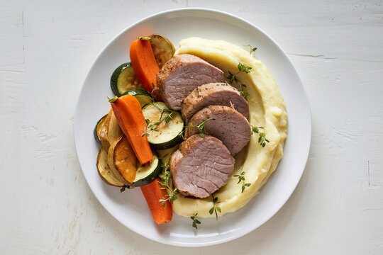 a plate of pork medallions with potatoes puree and baked vegetables
