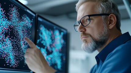 Data Scientist Bioinformatics Expert Analyzing Complex Genetic Data Network Visualization on Multiple Screens with Blue and Pink Node Clusters