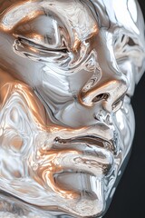Surreal Liquid Chrome Face, Melting Metallic Sculpture with Hyper-Detailed Reflections, Futuristic
