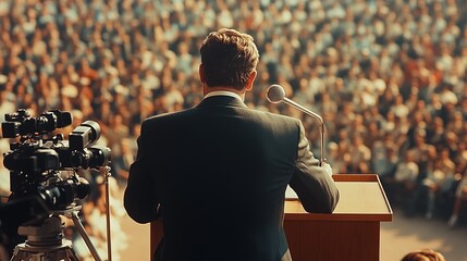 A politician at a podium giving a live speech to a large crowd in a stadium, microphones and cameras surrounding