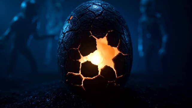 Mysterious glowing snake egg hatching in a dark environment with shadowy figures observing nearby