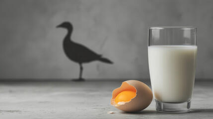 Cracked egg and milk on a surface with avian silhouette, symbolizing food safety and disease prevention