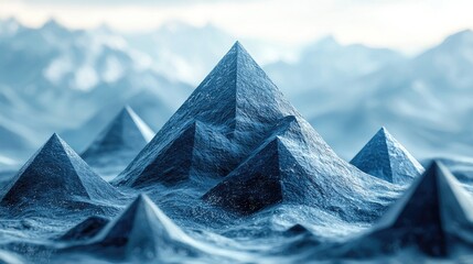 Surreal icy mountain landscape with pyramid formations under a cloudy sky, evoking tranquility