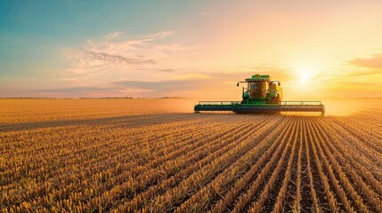 Fototapeta premium Automated Tractor Harvesting Wheat Field at Sunset with Dramatic Lighting