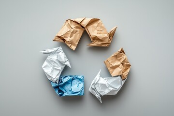 A recycling symbol made from crumpled paper in brown, white, and blue tones, representing sustainability and waste management