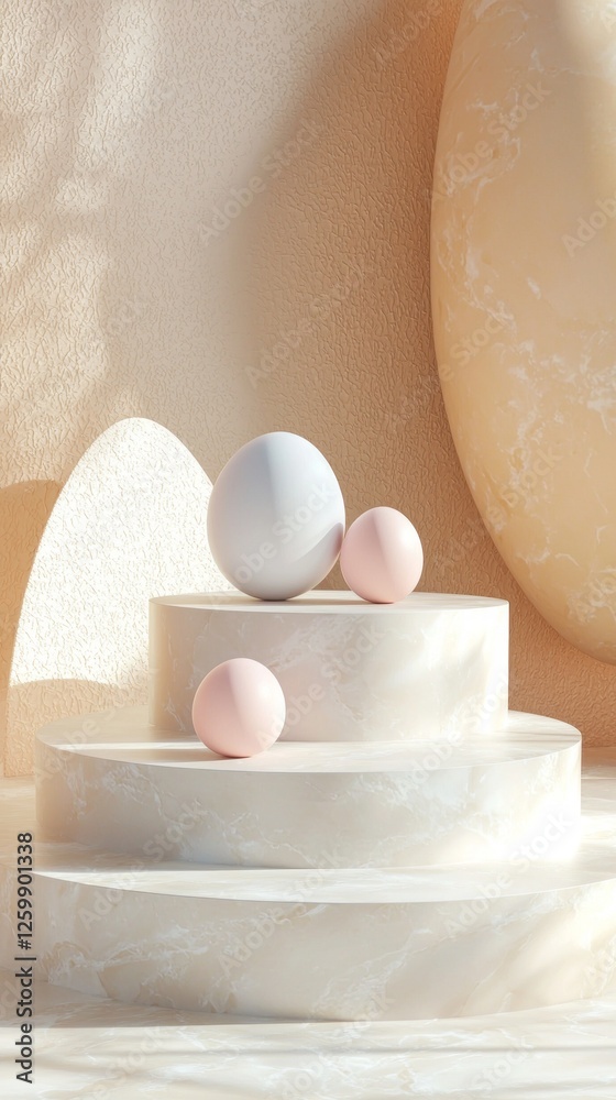 Poster in a tranquil setting, a stylish arrangement of eggs rests on a smooth podium. soft pastels and gent
