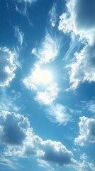 Bright blue sky with fluffy clouds swirling around the sun on a clear day, serene atmosphere