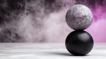  two black spheres stacked on top of each other on a table, with a pink and black background and smoke in the background