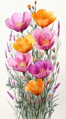 Vibrant watercolor illustration of blooming flowers in shades of pink and orange with greenery