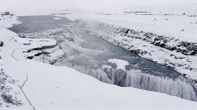 Gullfoss, waterfall in winter, Iceland