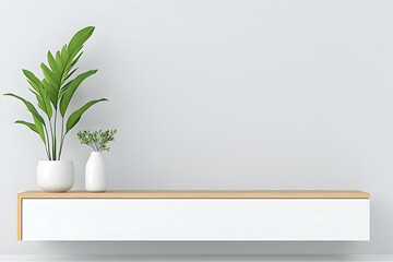 Home interior with plants on a cabinet in front of a wall for interior design