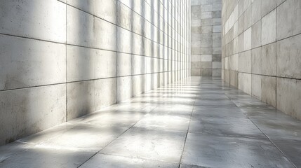 Modern concrete corridor with light beams creating shadows on the polished floor