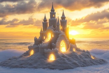 Sandcastle masterpiece glows at sunset on a beach with crashing waves