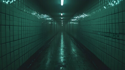 Dark subway tunnel, tile walls, eerie atmosphere, background lighting, suspenseful mood
