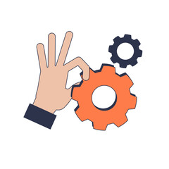 A hand holding a gear symbolizes precision and control in engineering or teamwork.