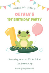 Birthday party invitation card with cute frog. First birthday party vector template