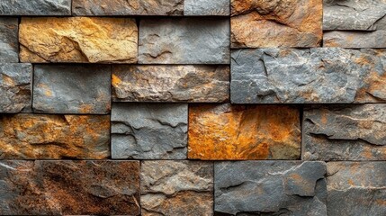 Close-up view of a textured stone wall featuring a mix of gray and orange hues, ideal for design projects