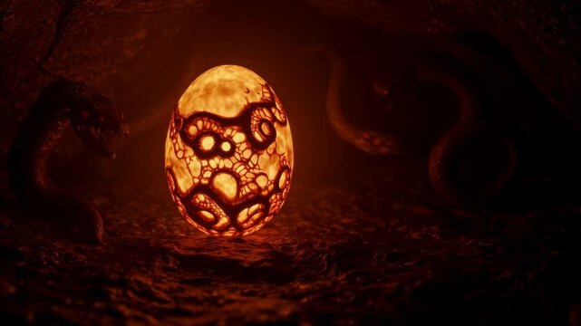Glowing ornate snake egg surrounded by shadowy serpents in a dark cavern, evoking mystery and intrigue