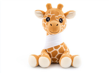 Fototapeta premium A soft plush giraffe toy with a bandage, perfect for comforting kids. isolated on white background.