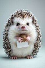 Obraz premium Adorable Hedgehog Holding a Walnut and a Blank Sign