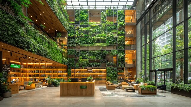 Modern lobby with vertical garden, cozy seating areas, and natural light streaming in
