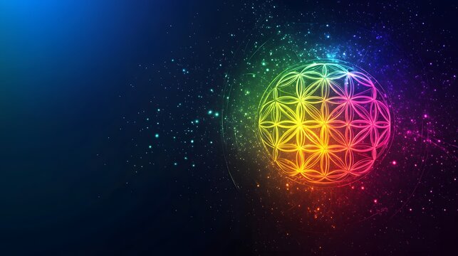Colorful flower of life glows amidst sparkling cosmic dust