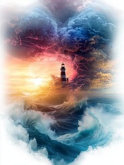 A lighthouse stands amid turbulent waves and dramatic skies at sunset.
