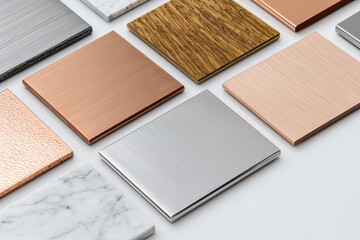 Fototapeta premium Variety of metallic and wooden texture samples for design and construction.