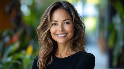 Obraz premium Smiling woman, headshot, outdoors, plants background, portrait