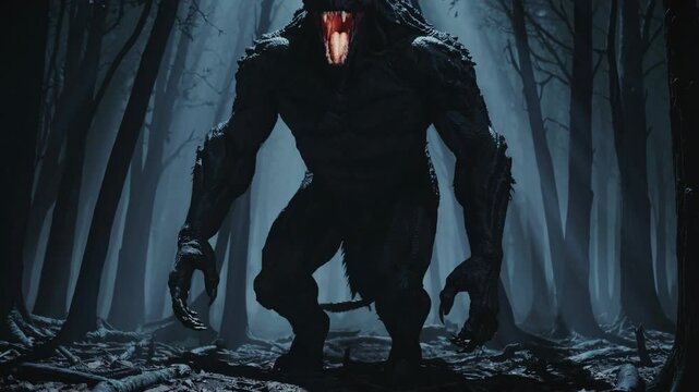 A low-angle shot of a monstrous creature in a dark forest, illuminated by moonlight, creating a suspenseful and eerie video game atmosphere.
