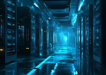 Futuristic server room corridor glowing blue