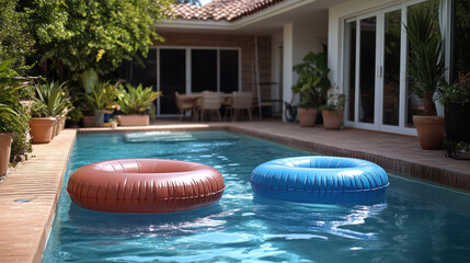 Summer holiday backyard pool scene with inflatables, barbecue, and laughter