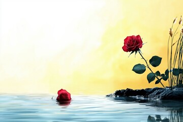 A serene scene featuring red roses partially submerged in calm water with a soft yellow background.
