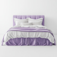 Lavender Dreams: A serene bedroom scene featuring a plush lavender bed with crisp white linens and pillows, creating a calming and inviting atmosphere. 