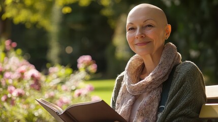 Naklejka premium Bald woman with cancer smiles on a sunny park bench holding a book