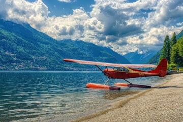 Float Plane Moored at Alpine Beach in Lake Como, Italy. Blue Skies and Coastline Views
