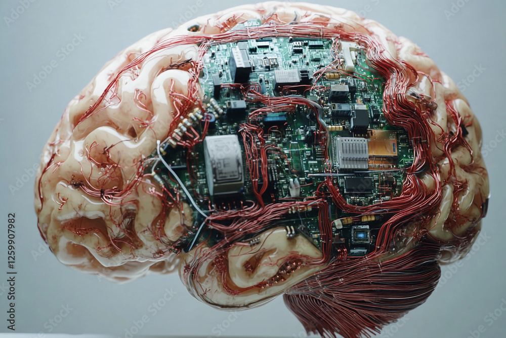 Fototapete futuristic brain design featuring circuit board elements merging technology with organic structure